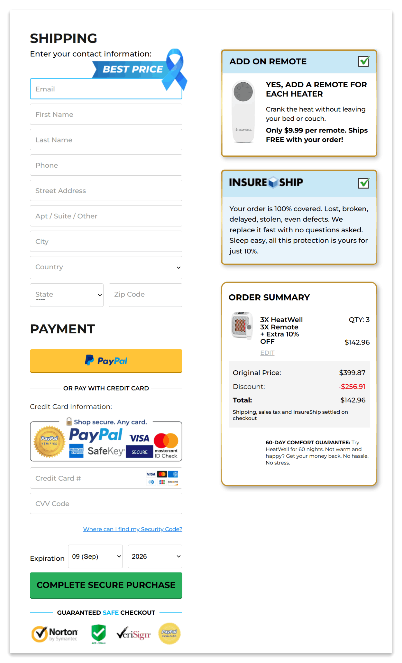 HeatWell secure checkout page